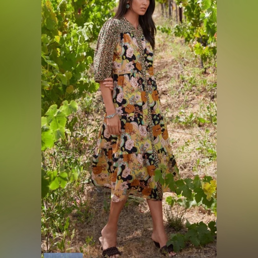 Johnny Was Tate Dre’s Tiered Silk Floral Midi Dress Size S Missing Buttons